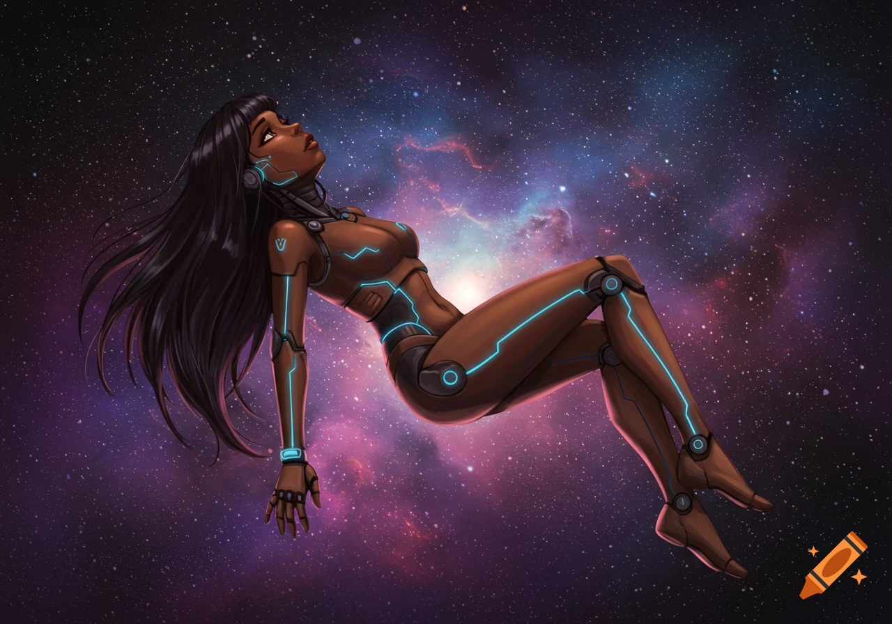 A cyborg girl floating in space
