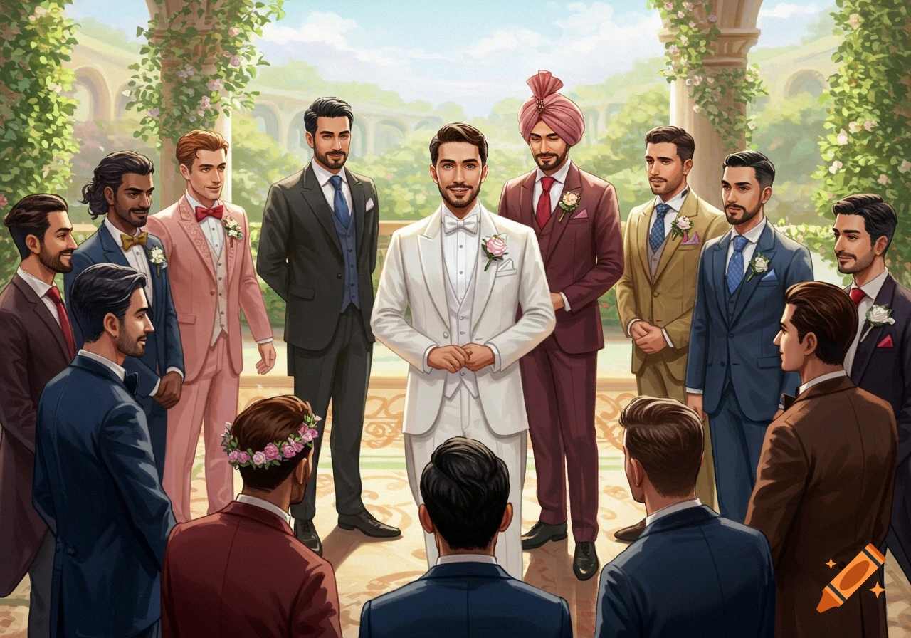 A group of men in suits at a wedding in a garden.