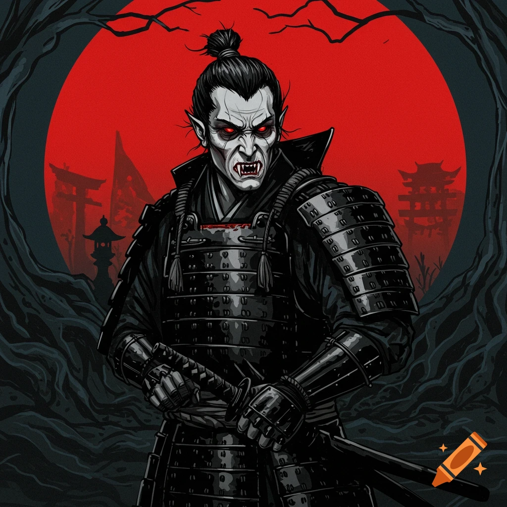 A samurai vampire in armor against a red sun