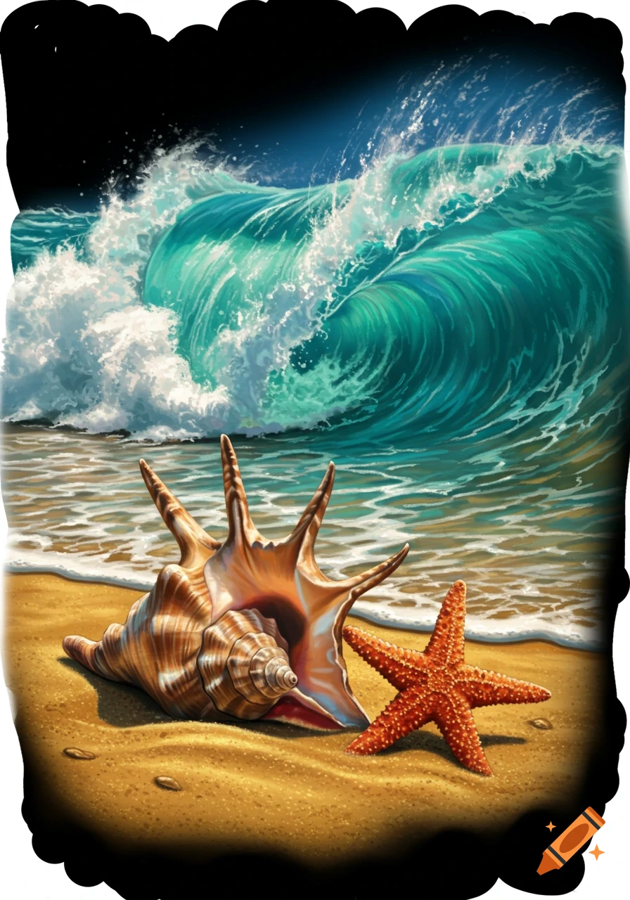 A seashell and a starfish rest on a sandy beach with a large turquoise wave crashing in the background.