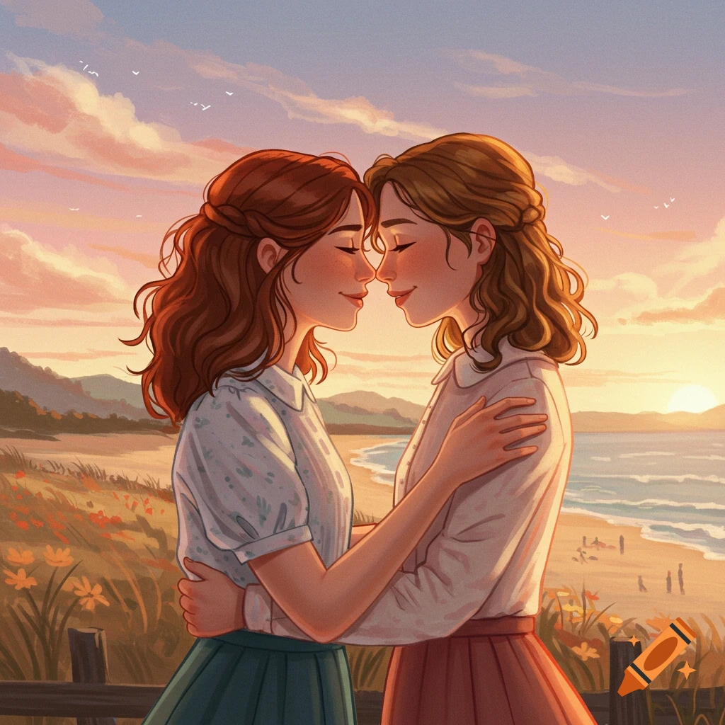 Two women are hugging at sunset on a beach.