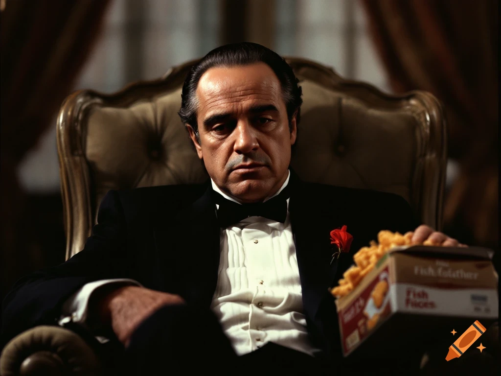 A man in a tuxedo sits in a chair, holding a box of fish fingers.