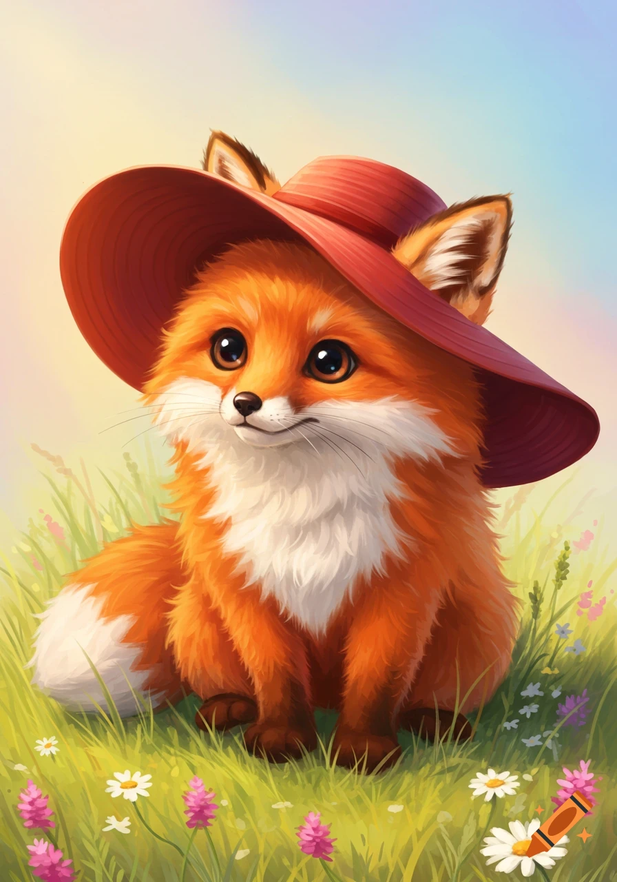 A cute fox wearing a red hat, sitting in a field of grass and flowers.