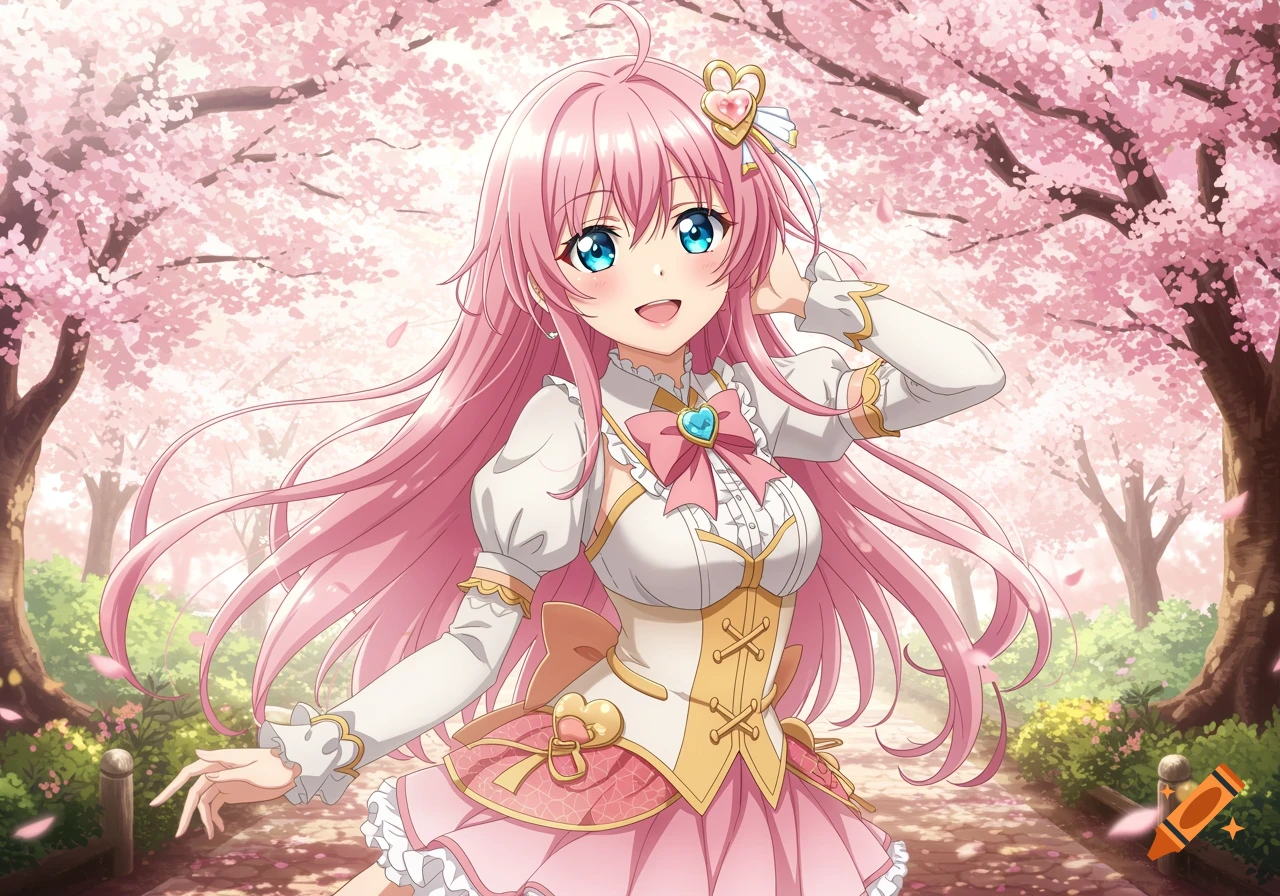 Anime girl with pink hair and blue eyes in a pastel dress standing among cherry blossom trees.