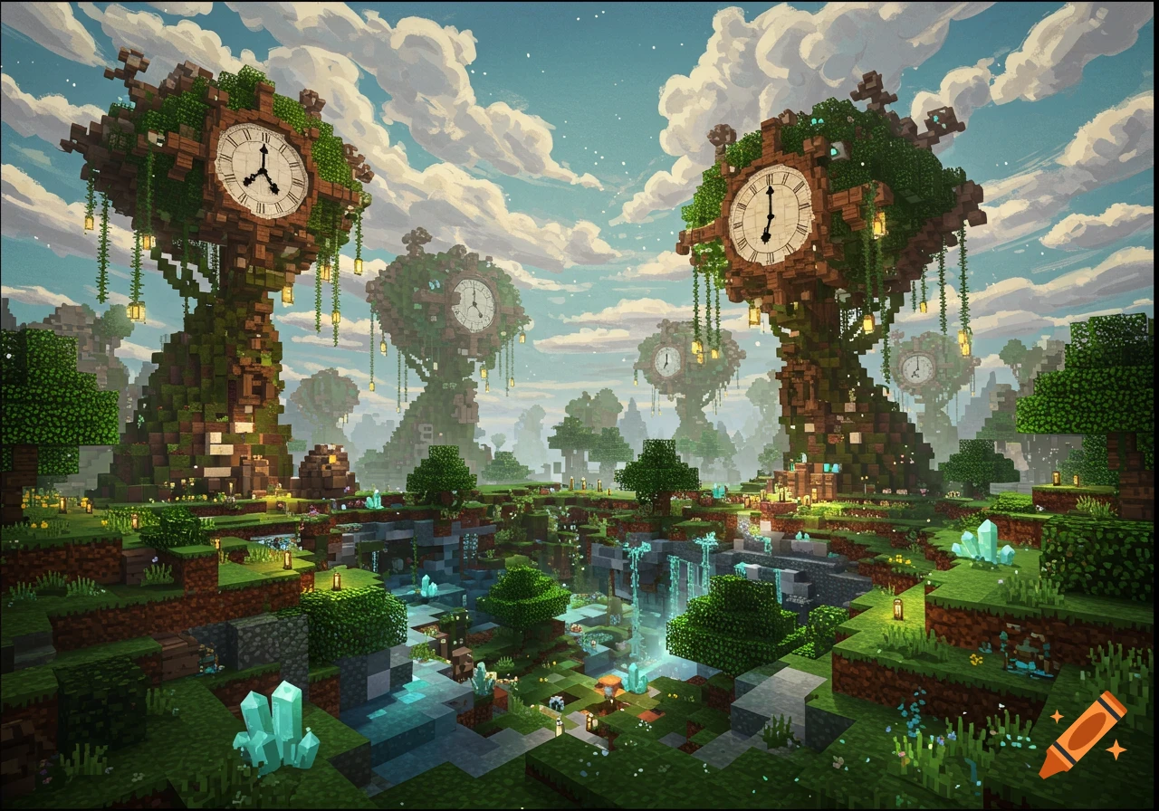 Minecraft-style mystical landscape with giant clock-trees, waterfalls, and glowing crystals.
