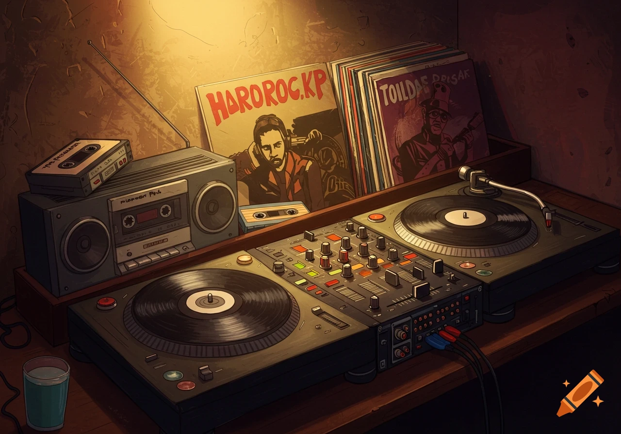 DJ decks, record player, cassette player, records, and tapes.
