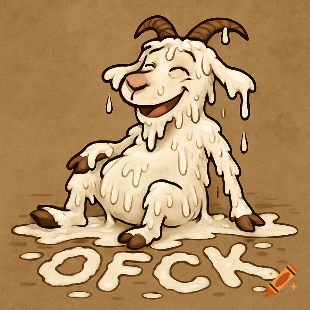 A cartoon goat covered in dripping white goo sits happily on the ground, where the goo spells "OFCK".