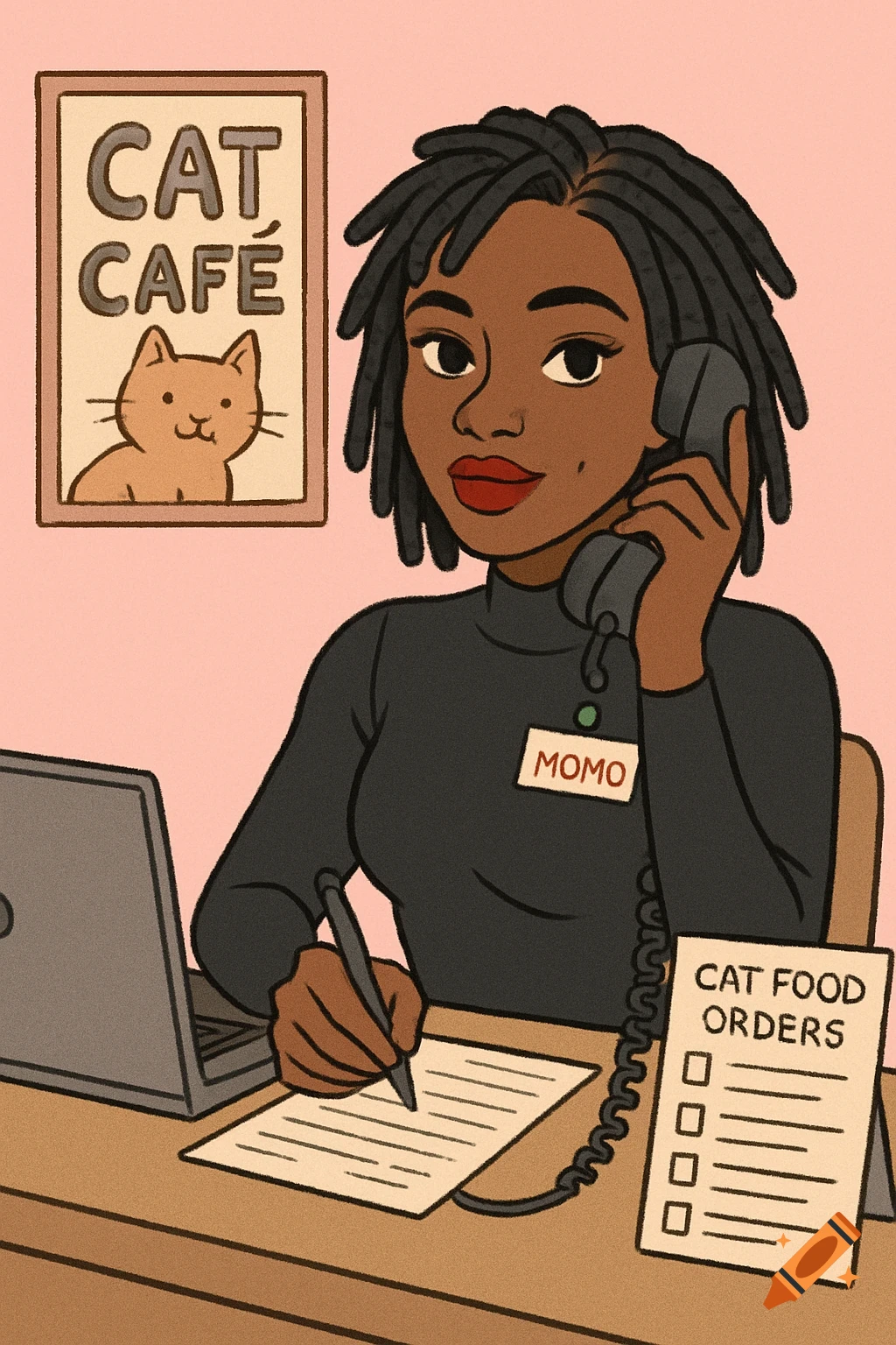Cartoon of a woman on the phone at a cat cafe desk.