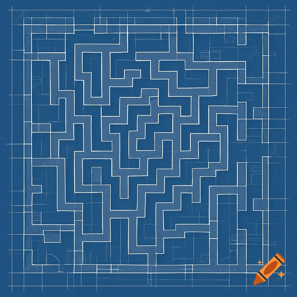 A blue architectural blueprint drawing of a labyrinthine structure.