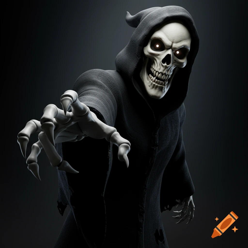 A cartoonish Grim Reaper with glowing eyes reaches out its hand towards the camera.
