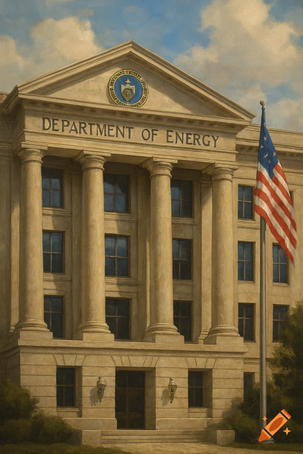 The Department of Energy building with large columns and an American flag.