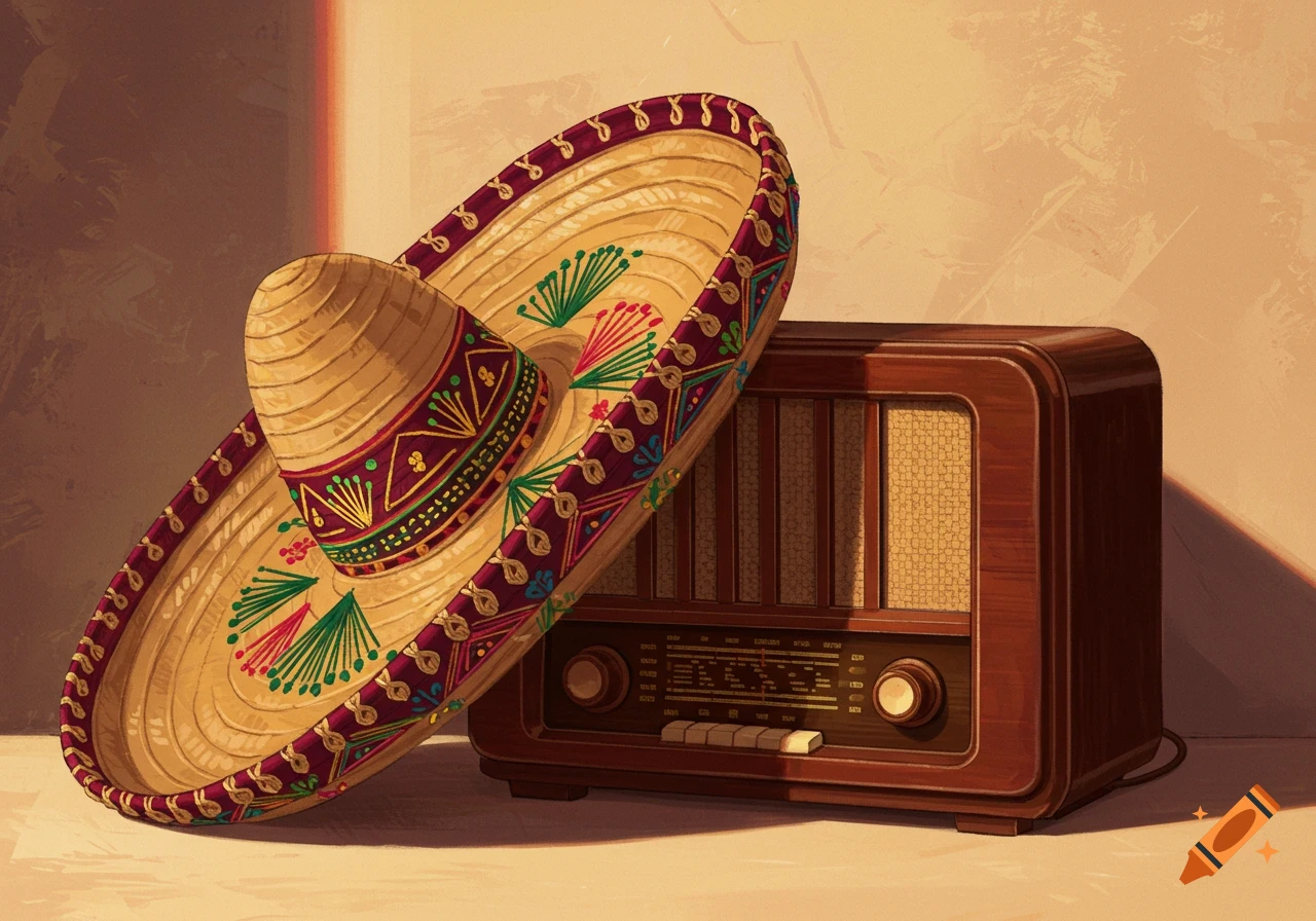 A sombrero leaning against a vintage radio.