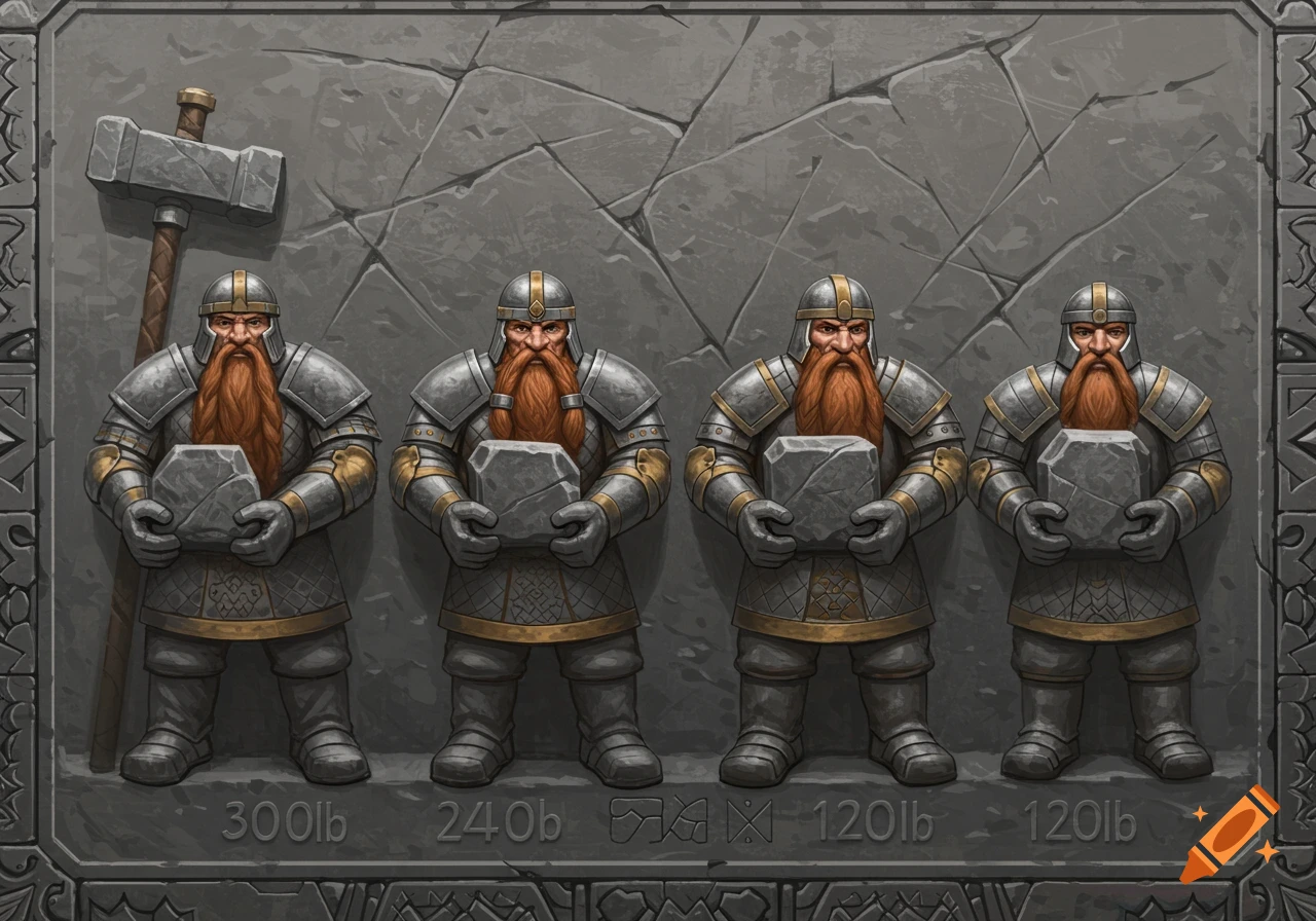 A stone fresco painting depicting four armored fantasy dwarves holding large stones.