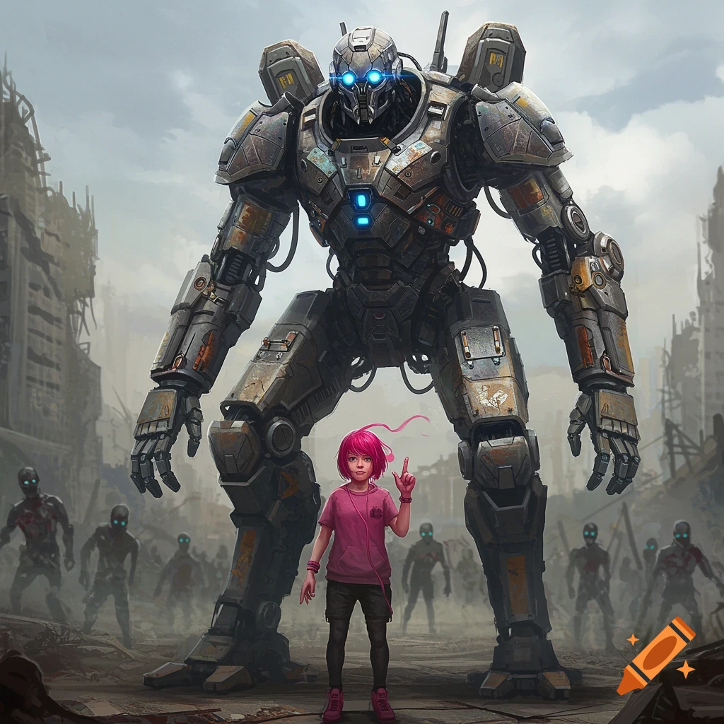 A large robot protects a girl in a ruined city from zombie figures.