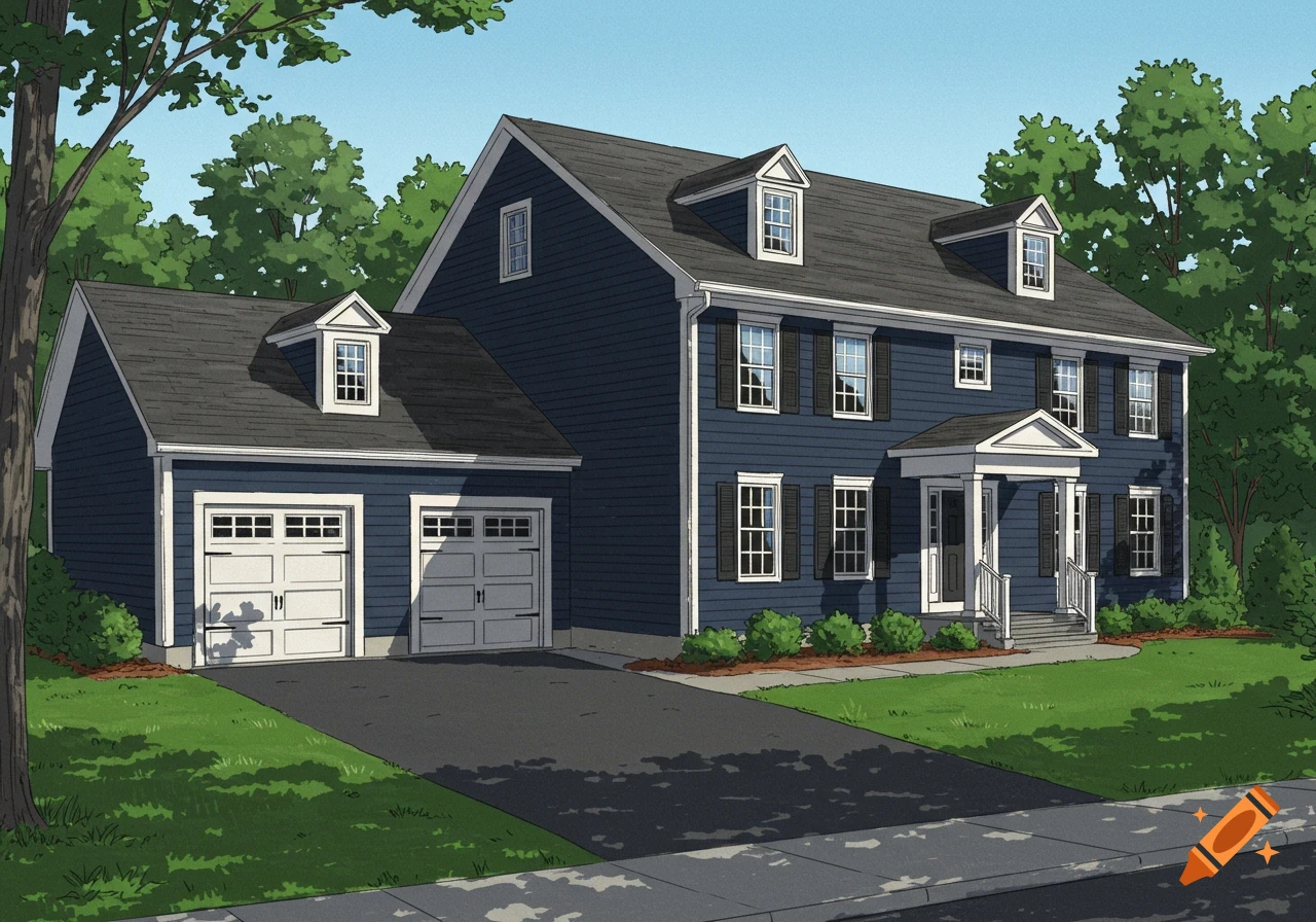 A navy blue colonial house with white trim, black shutters, and an attached two-car garage.