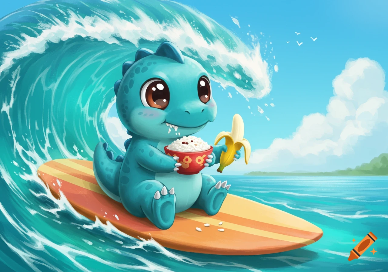 Cute cartoon dinosaur surfing on a wave while eating a bowl of rice and a banana.