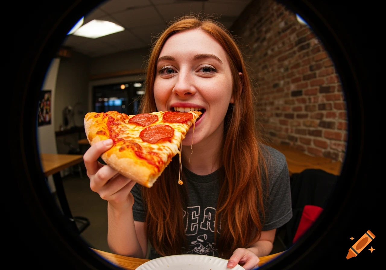 Young woman eating a slice of pepperoni pizza, shot with a fisheye lens
