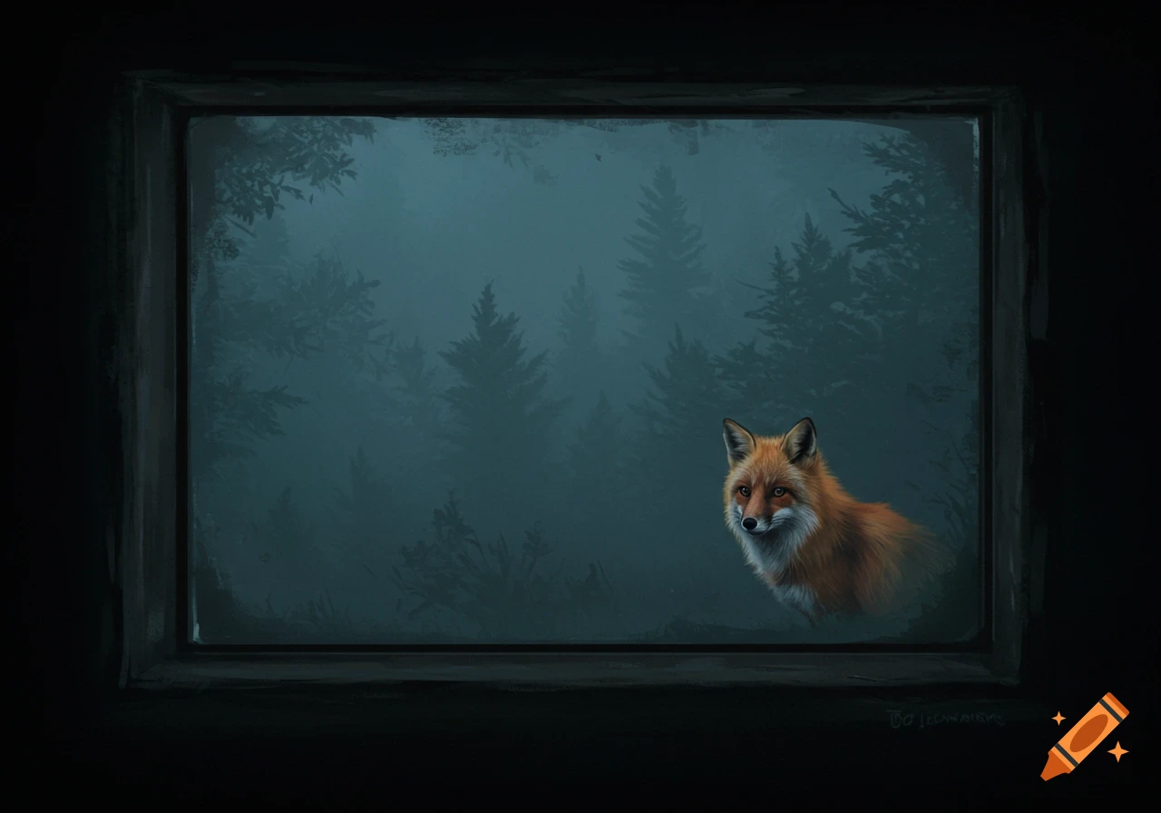 A red fox peeks through a window into darkness from a foggy forest.