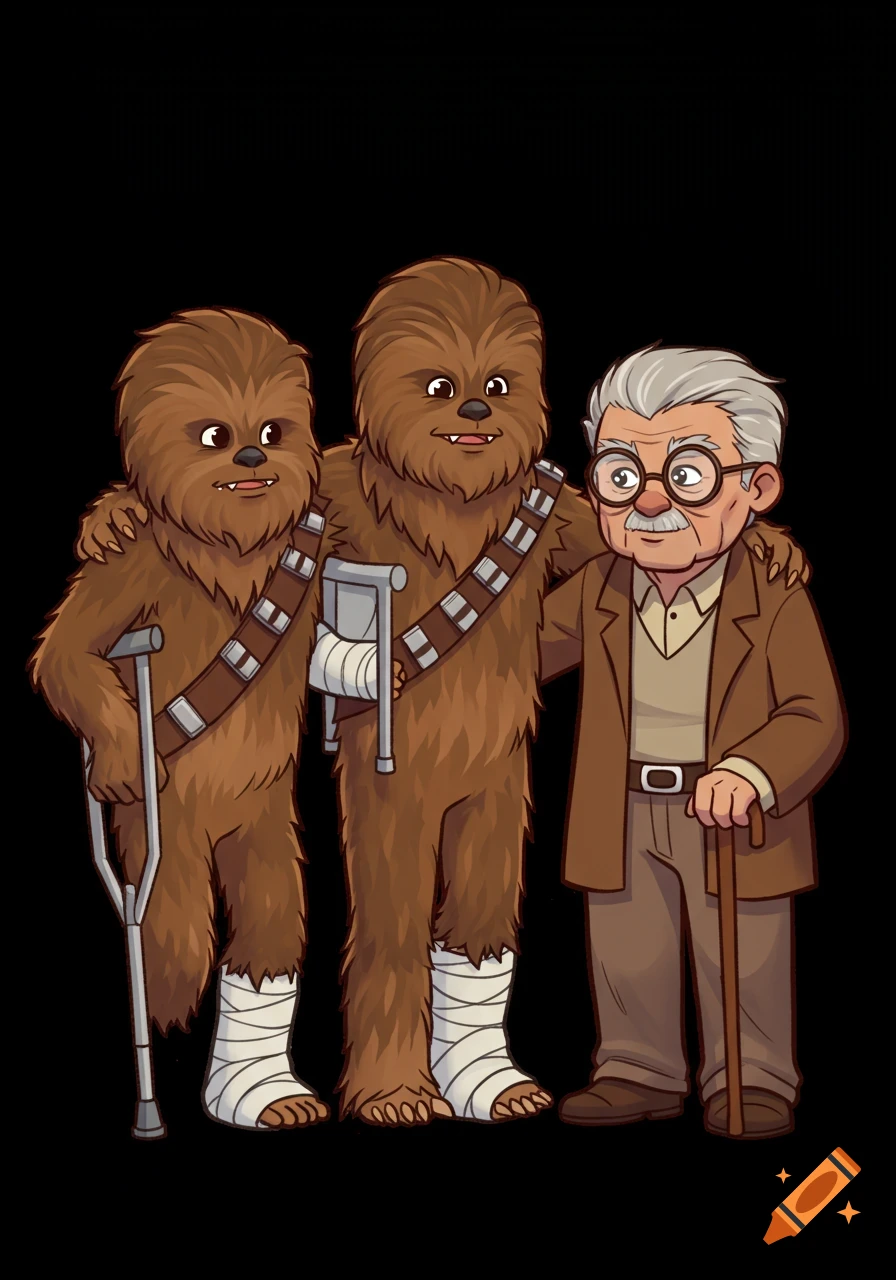 Cartoon illustration of two Wookiees with injuries (crutch, bandage) and an elderly man with glasses and a cane, standing together.