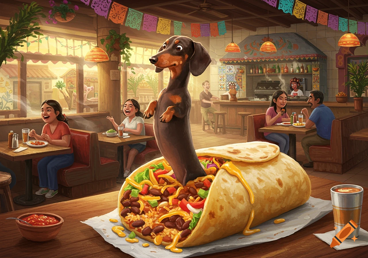 A dachshund stands up out of a giant burrito in a bustling Mexican restaurant.