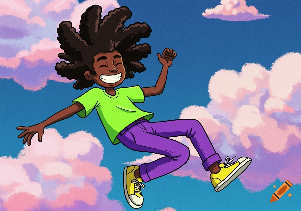 A cartoon person with dark freeform hair floats happily in a bright blue sky with pink clouds.