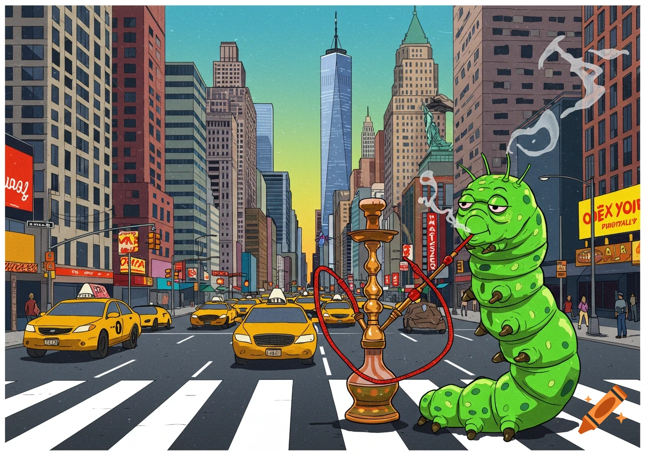 A large green cartoon caterpillar smokes a hookah in the middle of a New York City street with taxis and skyscrapers.