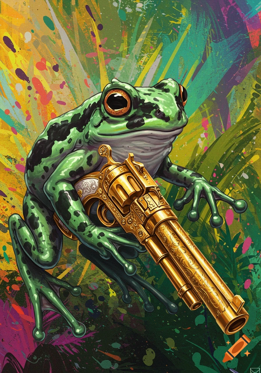 A frog holding a gold engraved revolver against a colorful abstract background.
