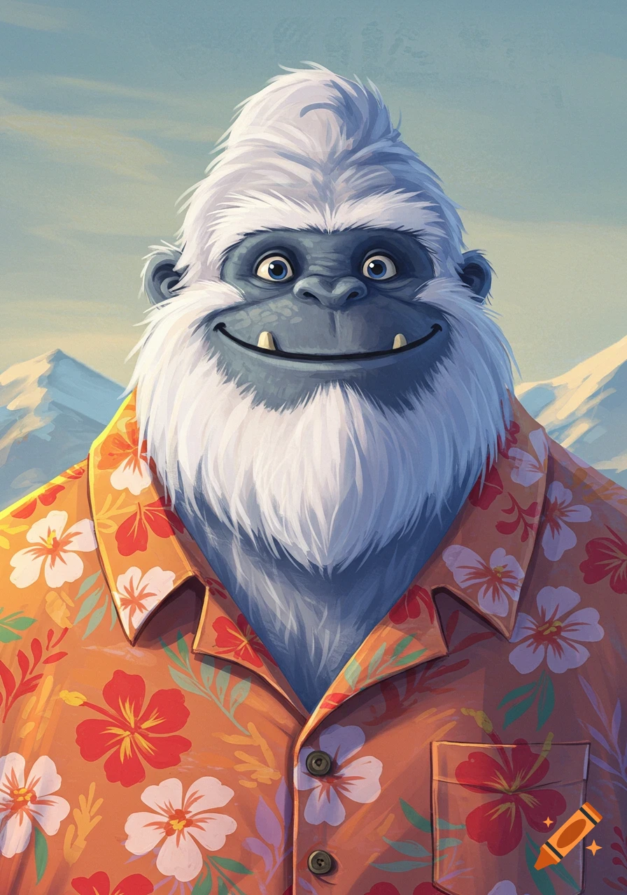 A cartoon yeti wearing an orange Hawaiian shirt smiles in front of mountains.