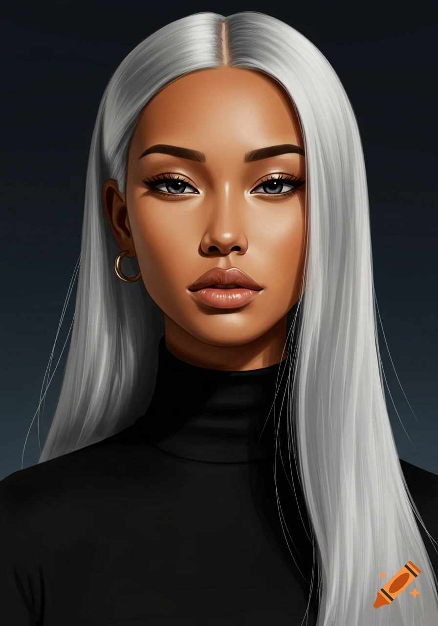 A woman with long silver hair and a black turtleneck.