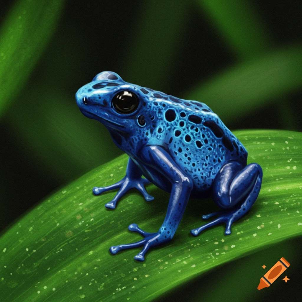 A vibrant blue poison dart frog sitting on a green leaf.