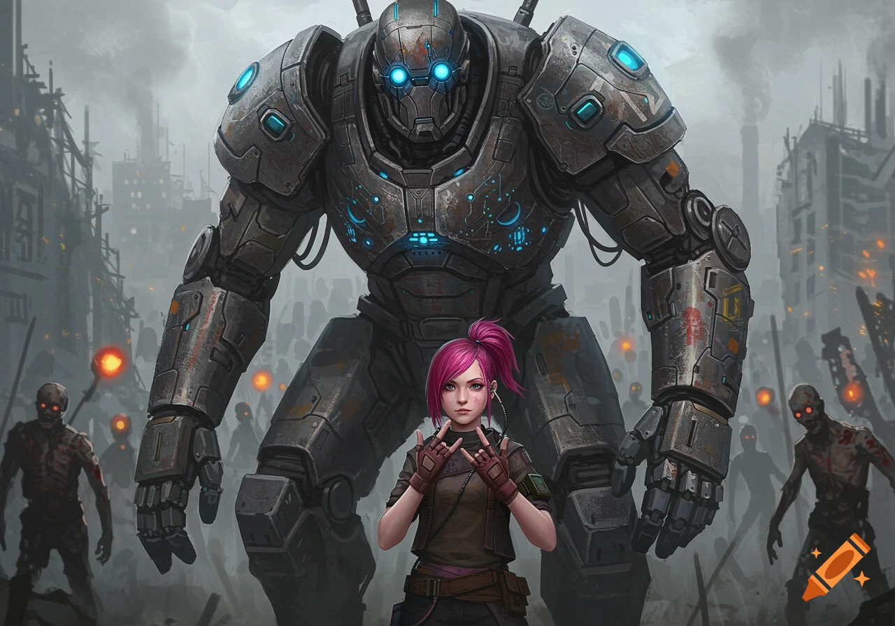 A giant robot stands protectively over a young girl in a post-apocalyptic city with zombies in the background.