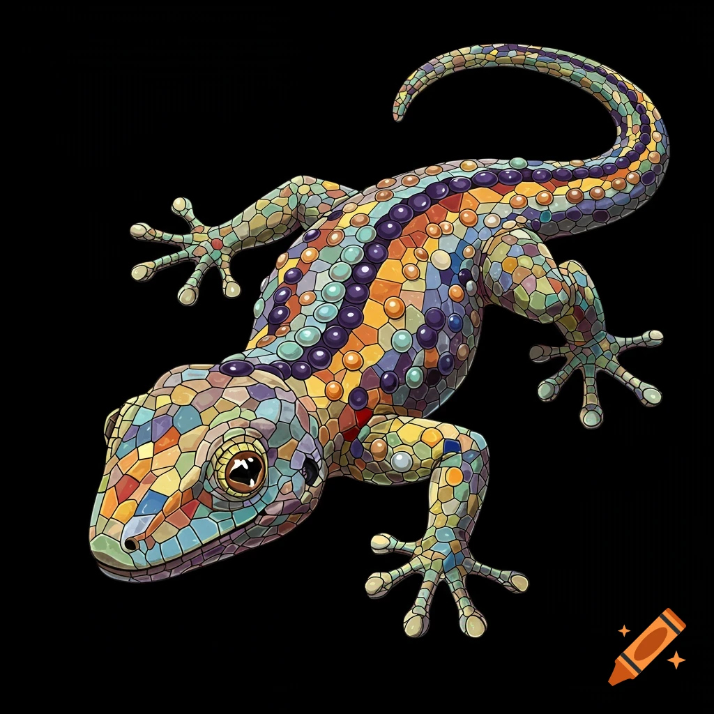 A colourful mosaic lizard on a black background.
