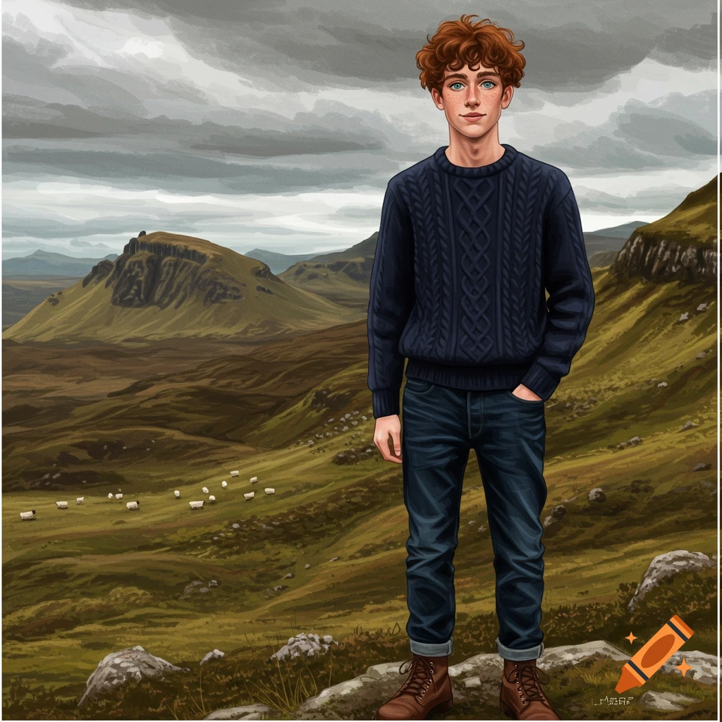 A young man with red curly hair stands in a hilly landscape with sheep, digital art.