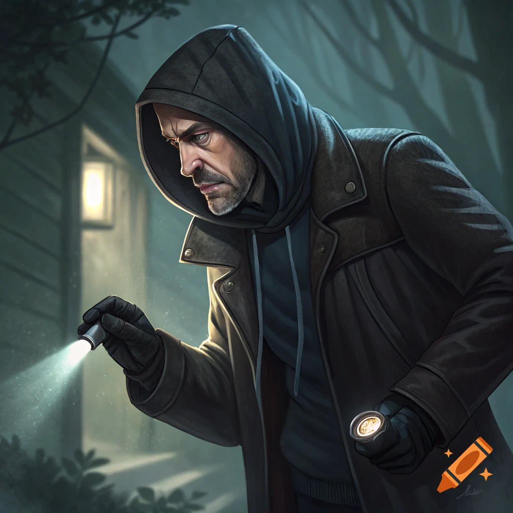 Illustrative depiction of a hooded man shining a flashlight at night, lurking near a building.