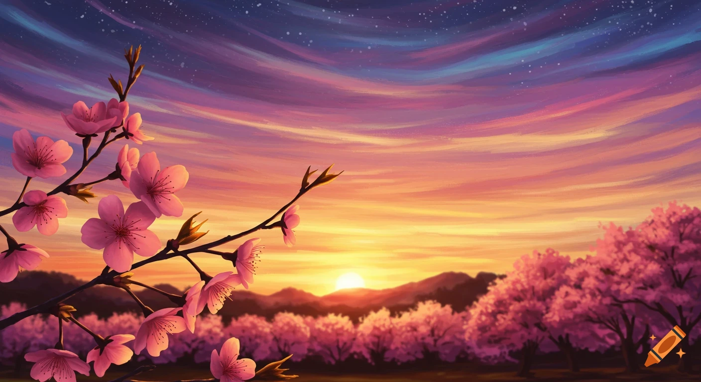 Cherry blossoms blooming with a colorful sunset sky.