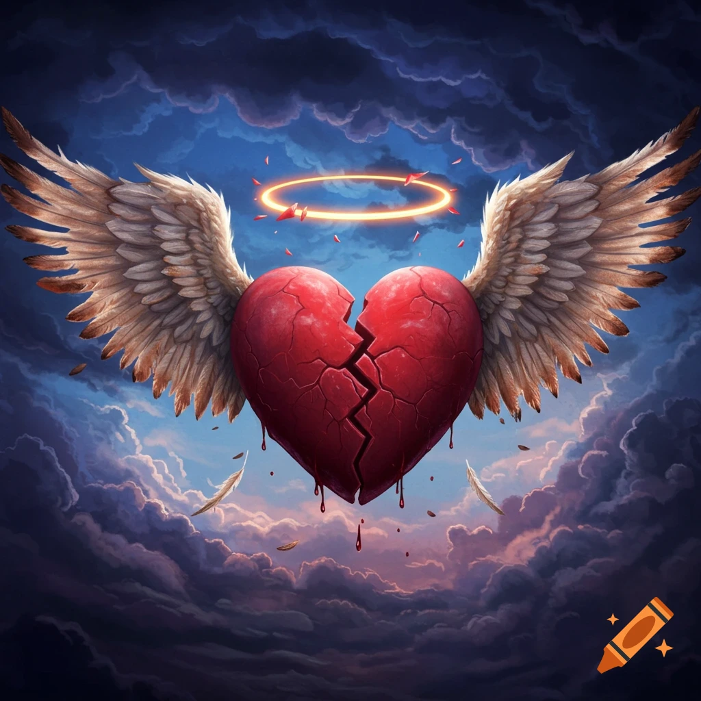 A broken red heart with wings and a halo in a cloudy sky.