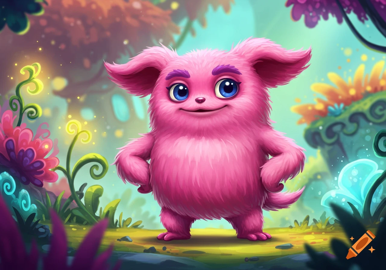 A fluffy pink creature with big blue eyes stands in a colorful fantasy forest.