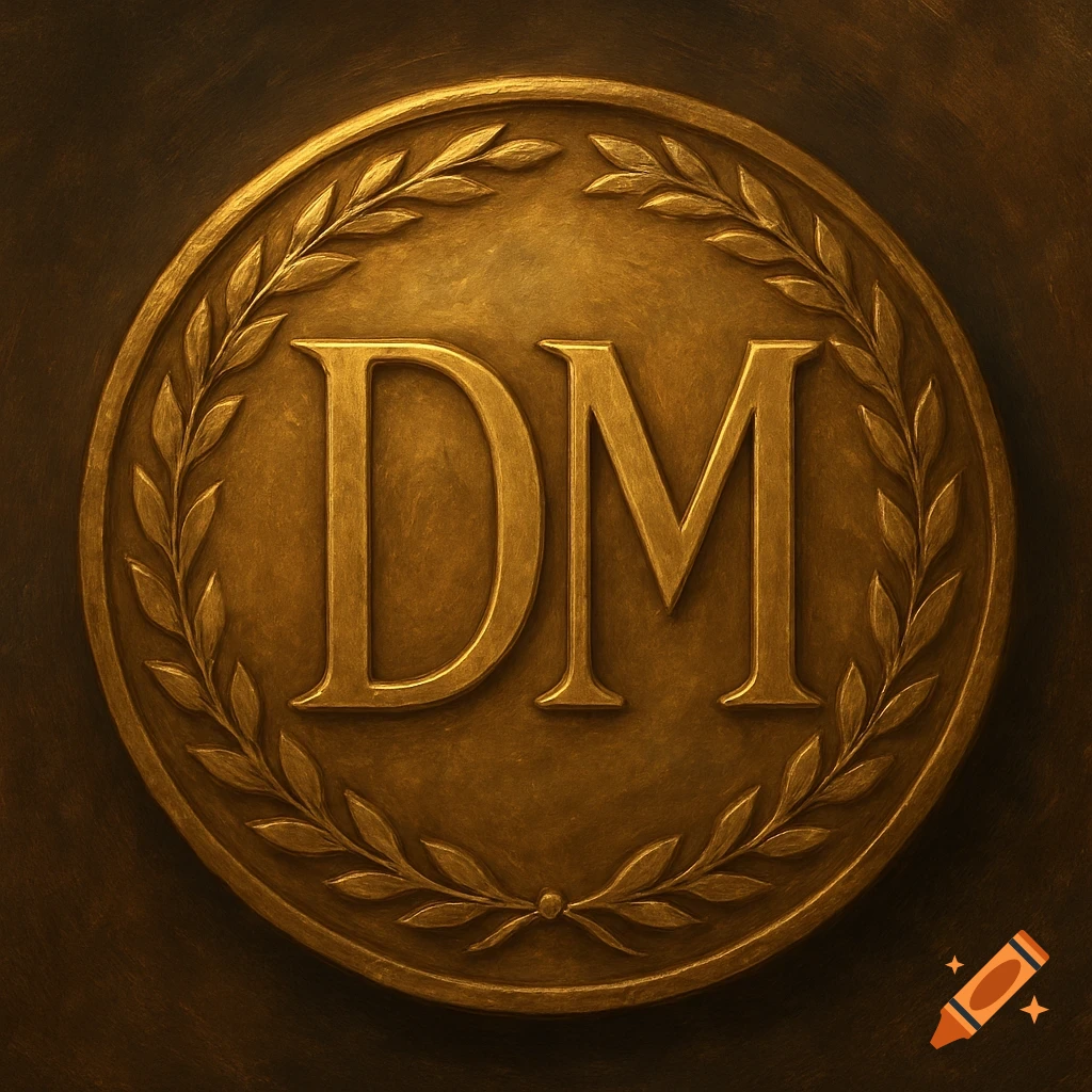 A gold medallion with the initials DM and a laurel wreath