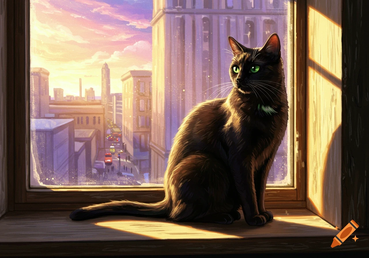 A black cat sits on a window ledge looking out at a sunset city skyline.