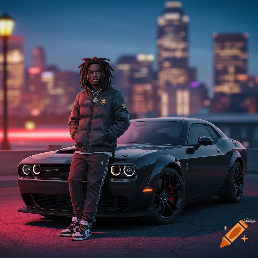 A Black man with dreadlocks leaning on a black muscle car at night with a city skyline behind him.