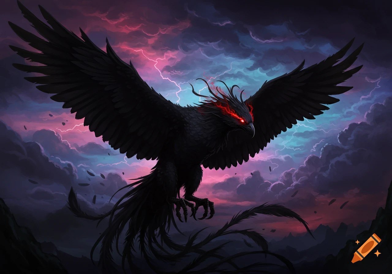 A black phoenix with red eyes flies through a stormy sky with lightning.