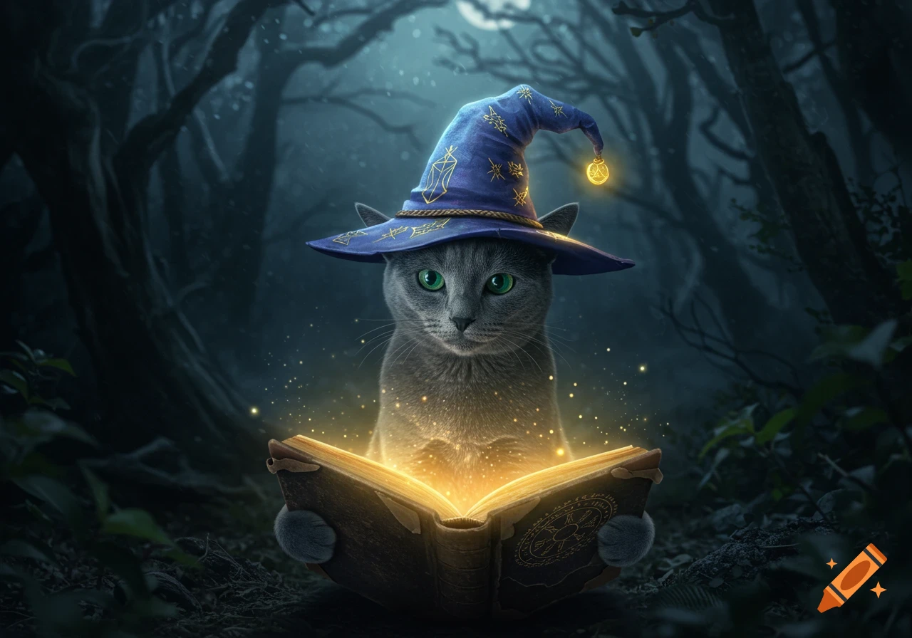 A Russian Blue cat wearing a wizard hat reads a glowing book in a moonlit forest.
