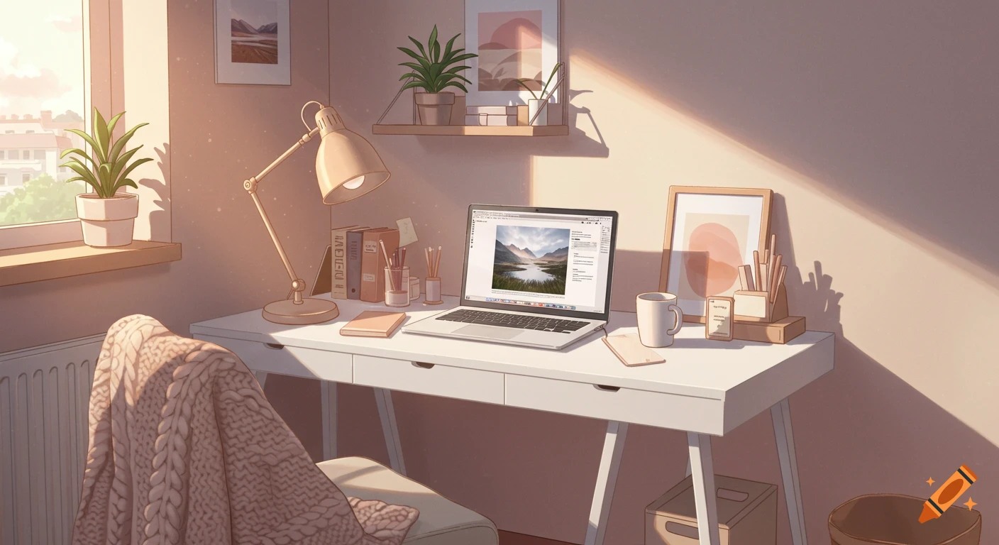 A sunny aesthetic desk with a laptop, lamp, plants, and a chair.