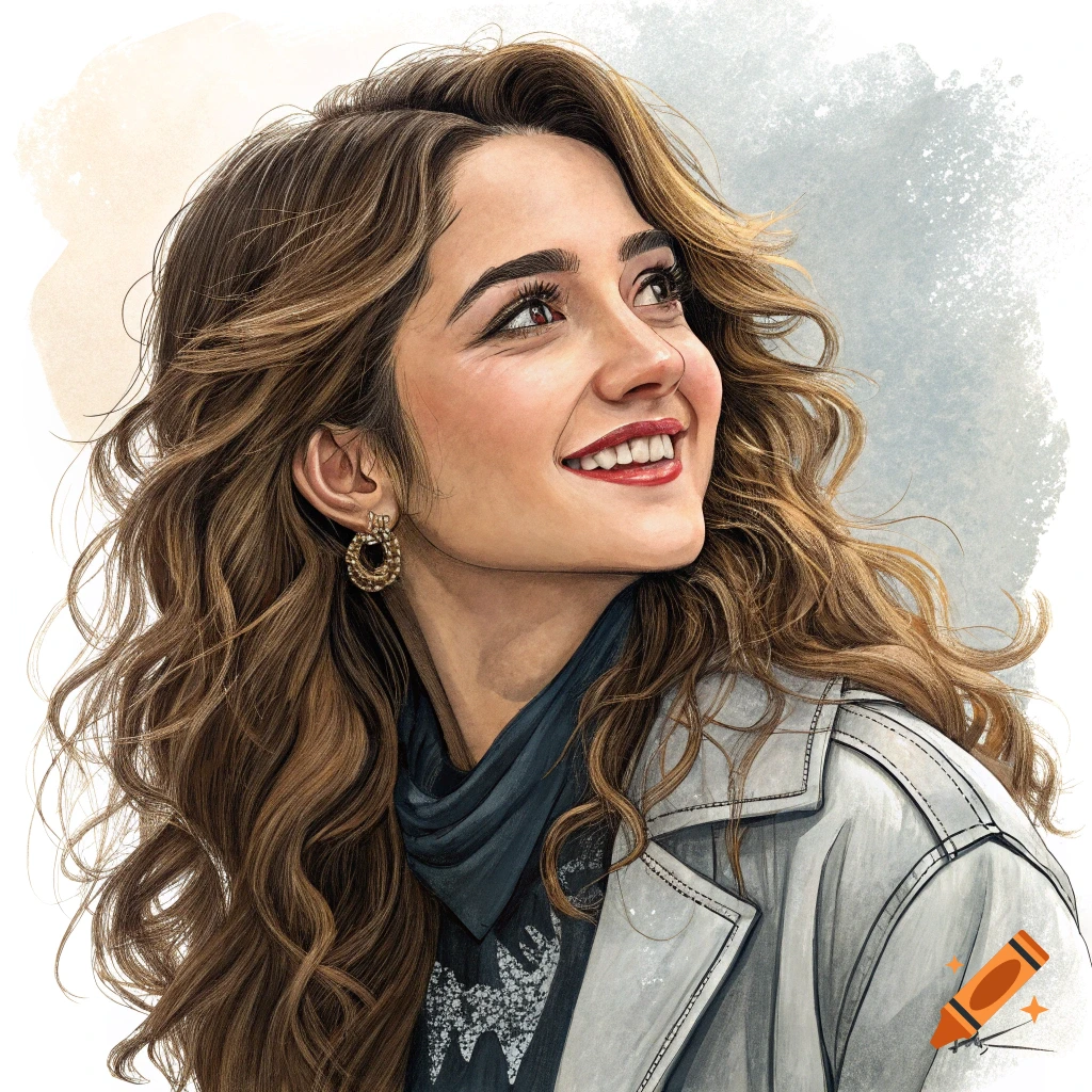 Portrait drawing of a smiling young woman with long curly hair looking up