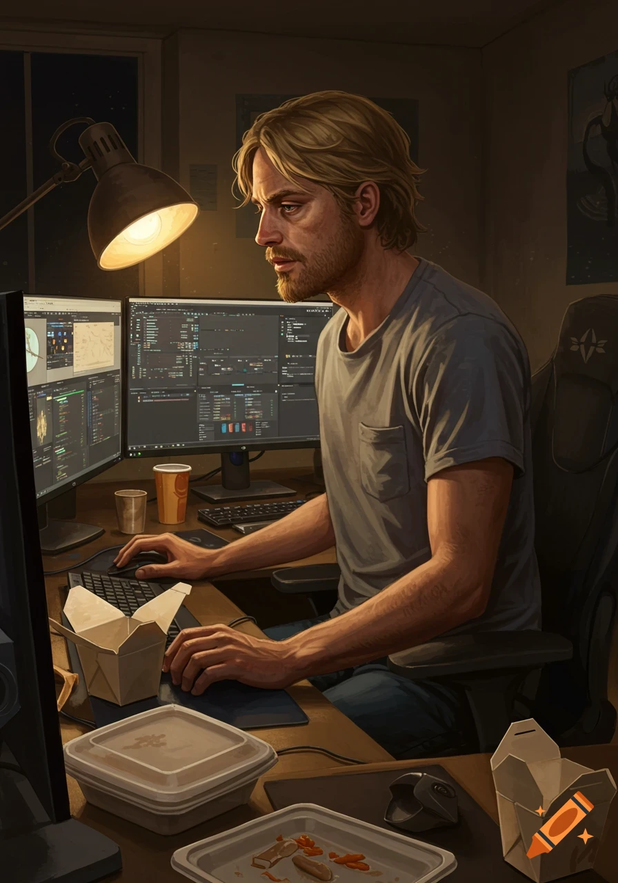 A man is working late at a desk, surrounded by multiple computer monitors and takeout food.