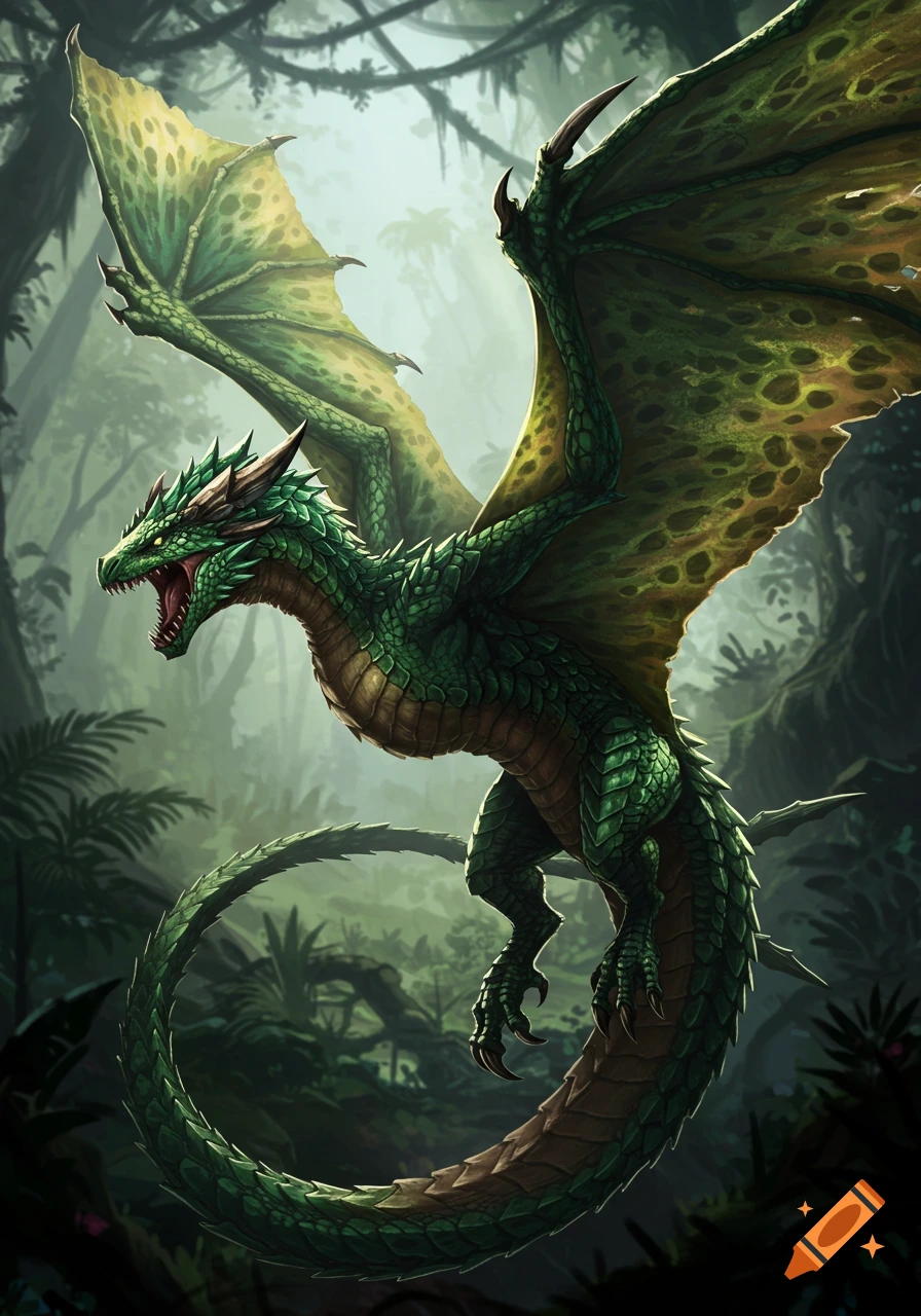 A green dragon flying through a lush jungle.