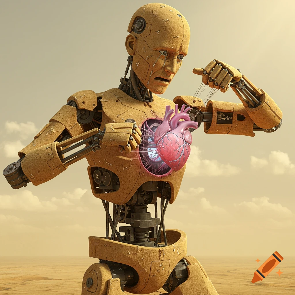 A crying sandy robot pulls out its glowing pink heart in a desert landscape.