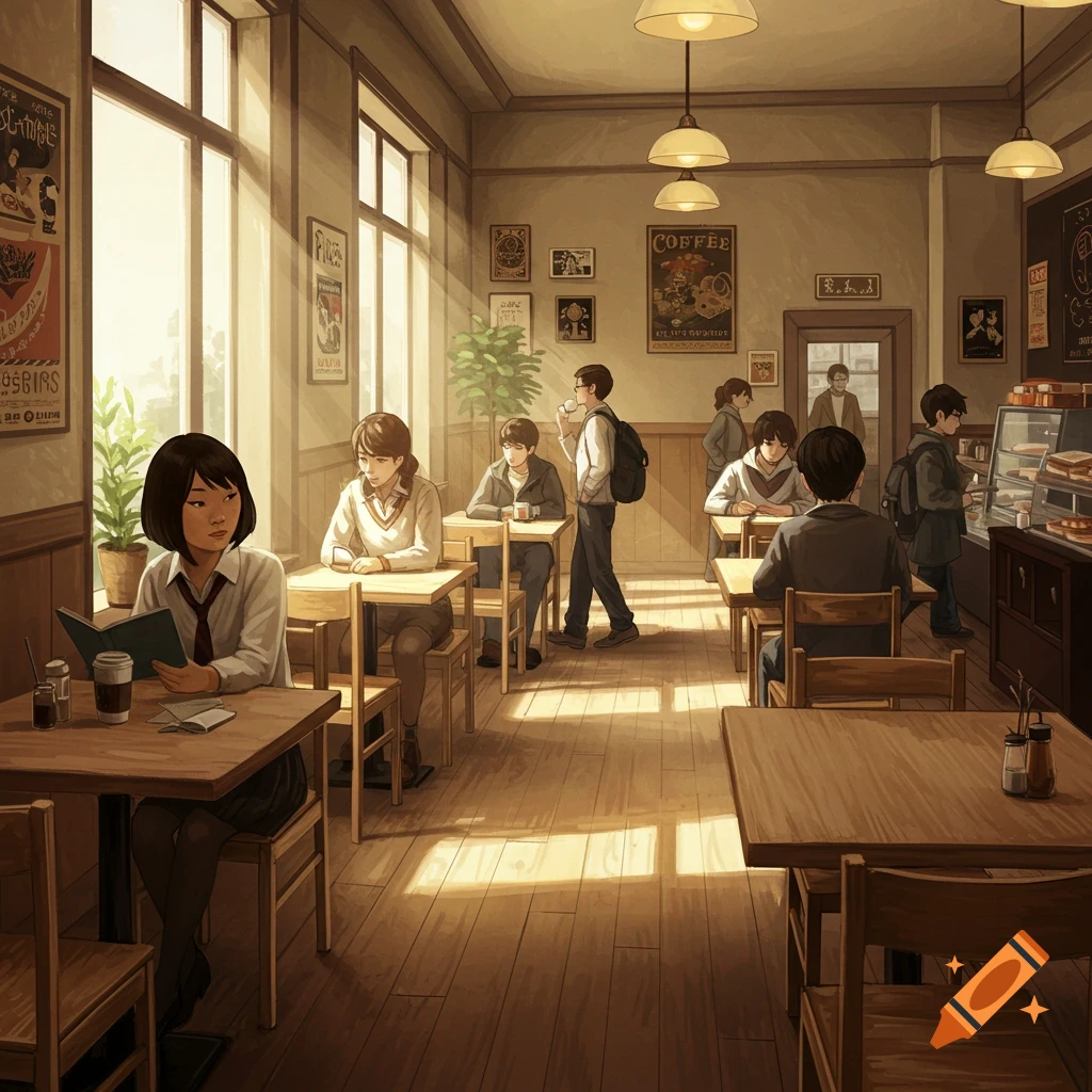 Students in a sunlit cafe.