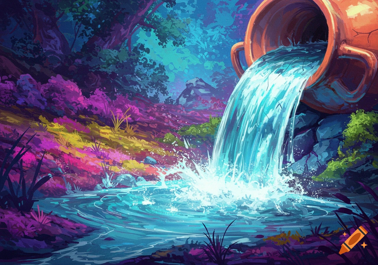 A large jug pouring a waterfall into a stream in a vibrant, colorful forest.