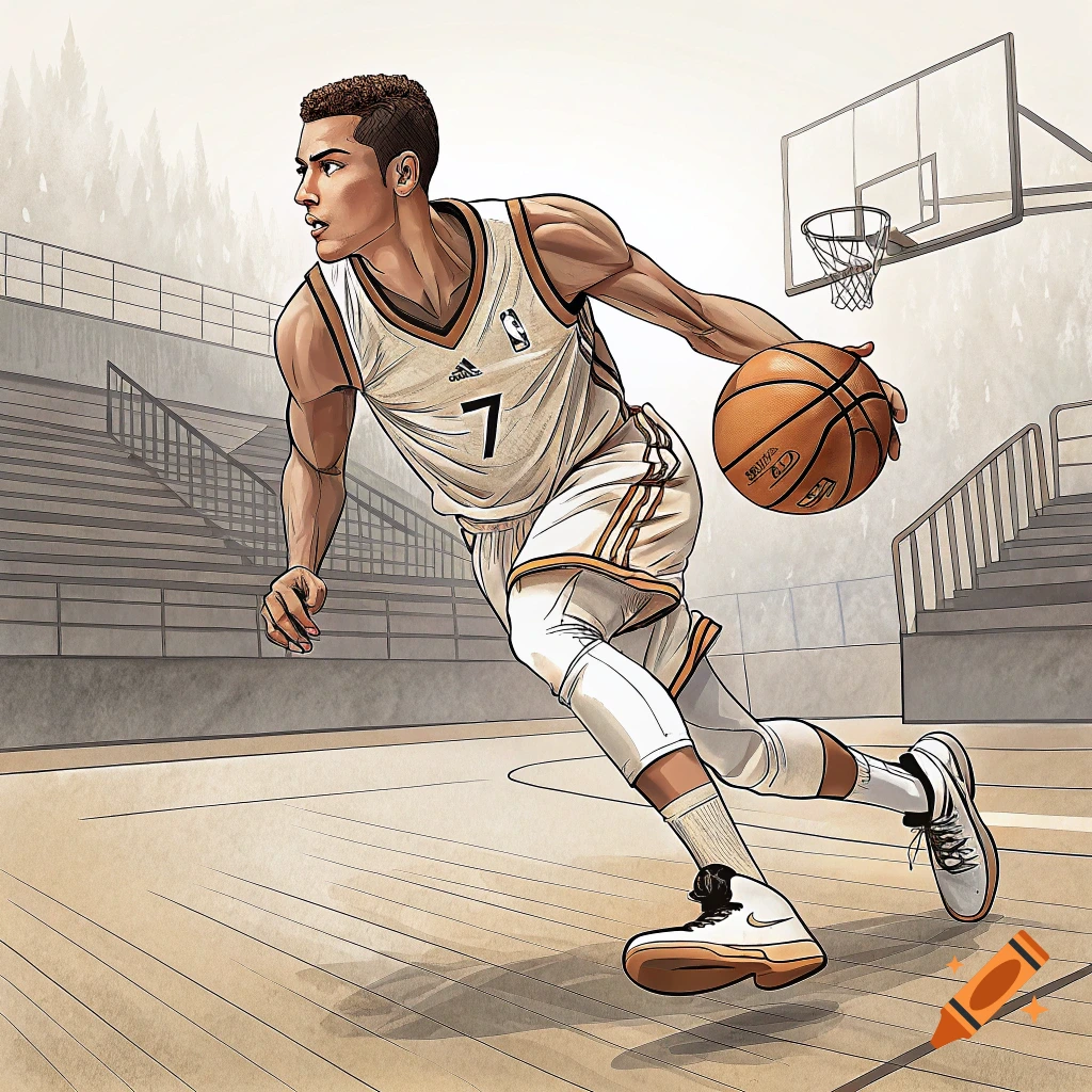 Stylized illustration of a basketball player dribbling on a court.